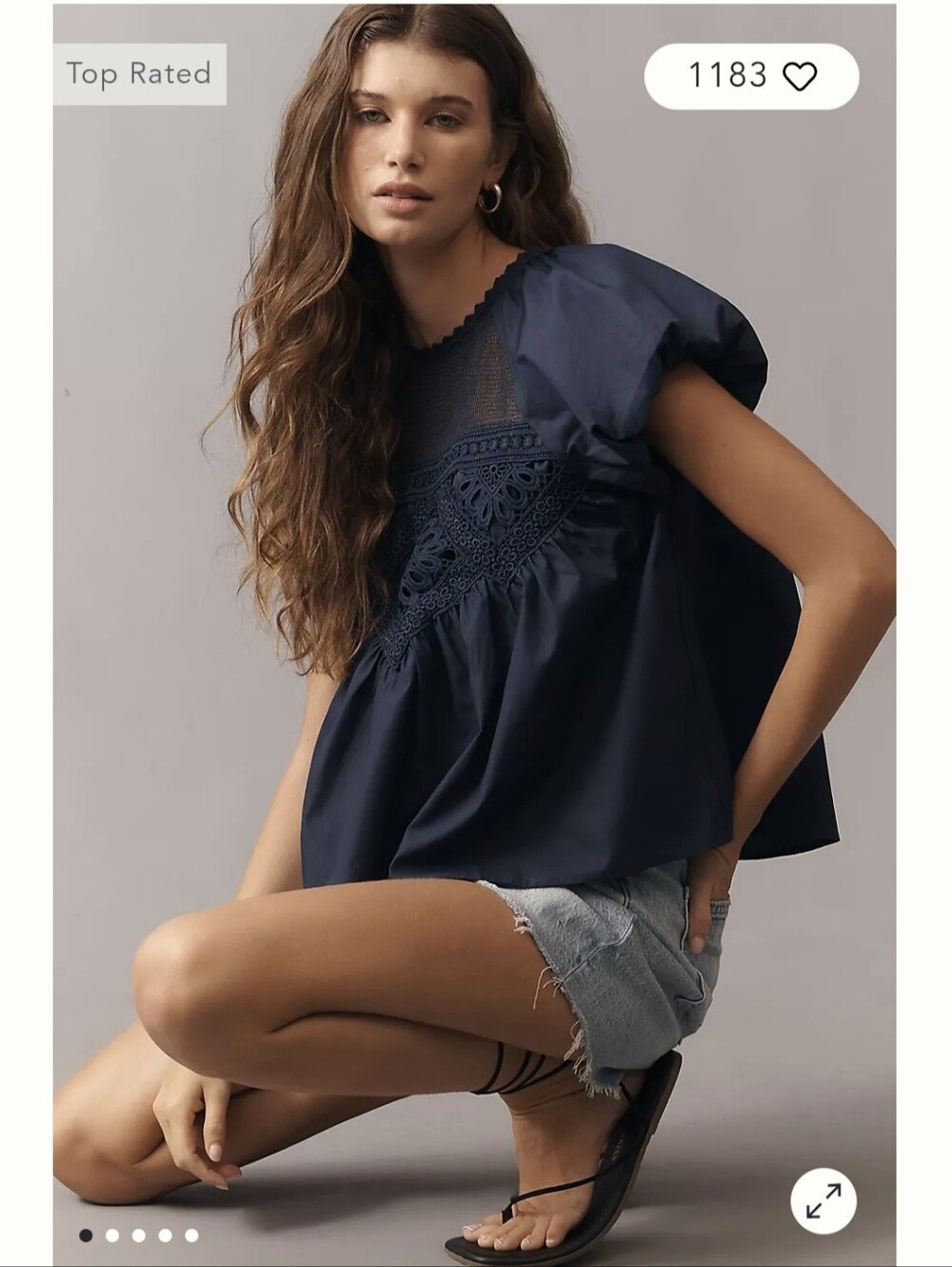 NWT Anthropologie Navy Crochet-Front Puff Sleeve Top